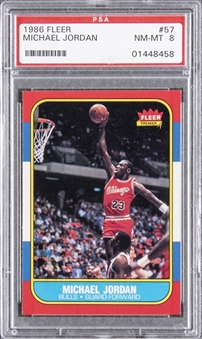 1986/87 Fleer Basketball High Grade Complete Set (132) Plus Stickers Set (11) Including #57 Michael Jordan PSA NM-MT 8 Rookie Card!